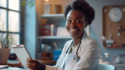 A smiling healthcare professional with a stethoscope sits in a medical office. - obrazy, fototapety, plakaty