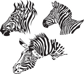 Tribal zebras vector illustrations set, great for decals, stickers and T-shirt designs. Cartoon mascot characters, ready for vinyl cutting.