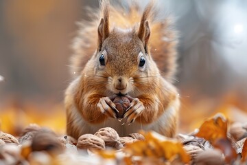 Obraz premium Squirrel gathering nuts in the forest: a captivating sight that leaves audiences inspired and amazed.