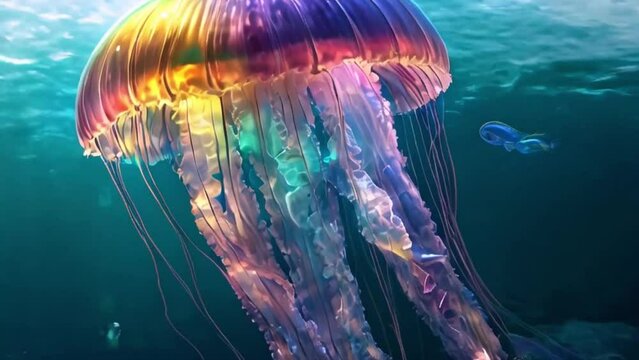 Transparent jellyfish, sun rays piercing through sea water