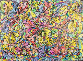 Abstract pattern of colorful leaves. The dabbing technique near the edges gives a soft focus effect due to the altered surface roughness of the paper.