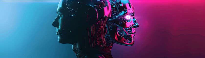 A cyborg and a human standing side by side, each showcasing a different blend of technological and organic features against a vibrant, neon-lit background