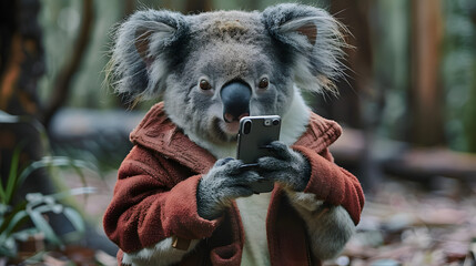 Portrait of a koala in clothes, holding a smartphone and sending a message in nature
