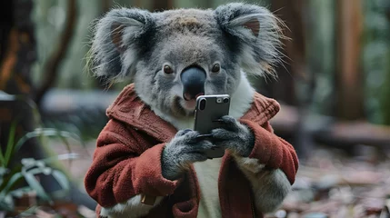 Foto op Canvas Portrait of a koala in clothes, holding a smartphone and sending a message in nature © john