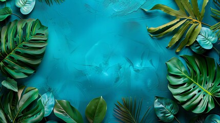 A creative tropical Classic Blue background adorned with leaves layout, capturing the essence of nature in spring, presented in a captivating flat lay composition
