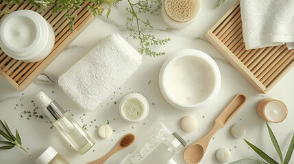 A serene study of skincare essentials on a white background, featuring bamboo accents, - obrazy, fototapety, plakaty