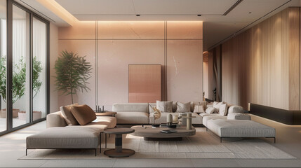 In this contemporary living room, soft pink hues harmonize with clean lines and minimalist decor, evoking a sense of serenity. The ample copy space provides room for personal touches. 8K.