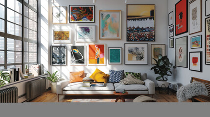 A vibrant art gallery wall in a modern Scandinavian loft, showcasing an eclectic mix of contemporary artwork and photography against a backdrop of crisp white walls and minimalist furnishings. 8K.