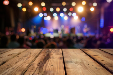 Empty wooden table top with blurred concert stage and crowd in the background, for product display presentation or montage of your products. Blurred night scene with bokeh lights, copy space. - obrazy, fototapety, plakaty