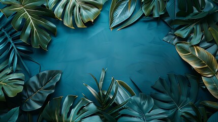 A creative tropical Classic Blue background adorned with leaves layout, capturing the essence of nature in spring, presented in a captivating flat lay composition