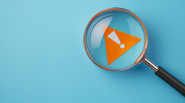 A hand holds a magnifying glass over a warning sign.