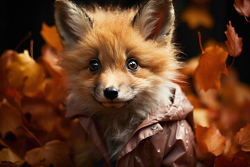 A baby fox in a stylish faux fur coat, playing with autumn leaves on a peach-colored surface. - obrazy, fototapety, plakaty