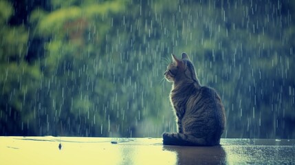 cat sitting outside in summer on a rainy day and looking at rain falling down the sky. © Ilona