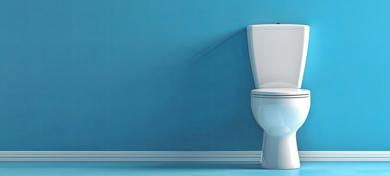 Ceramic toilet near the blue wall. place for text. Bathroom. generative ai
