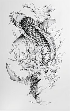 koi fish tattoo surrounded by intricate splashing water sketch engraving generative ai fictional character raster illustration. Scratch board imitation. Black and white image. T-shirt apparel design.
