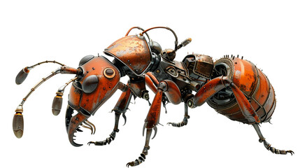 A whimsical steampunk ant with segmented exoskeleton and steam-powered mandibles