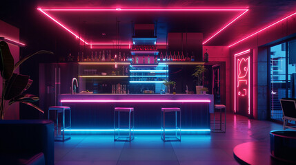 Neon lights dance across a high-ceilinged kitchen space, accentuating architectural features and...