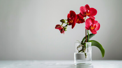 A single graceful red orchid flower in a clear glass vase set against a crisp white background with empty copy space for text. Elegant home decor - Powered by Adobe