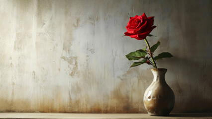 A single red rose flower in a ceramic vase standing on a textured beige wall background with empty...