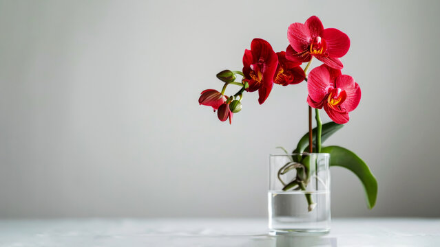 A single graceful red orchid flower in a clear glass vase set against a crisp white background with empty copy space for text. Elegant home decor