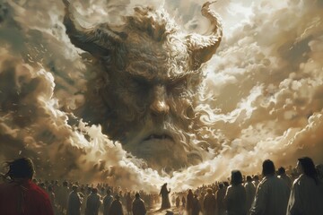 Enraged angry God with horns appeared to the population from heaven from sky clouds with a menacing look, punish to judge humanity, to be responsible for their actions - obrazy, fototapety, plakaty