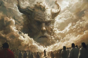 Foto op Plexiglas Enraged angry God with horns appeared to the population from heaven from sky clouds with a menacing look, punish to judge humanity, to be responsible for their actions © Xchip