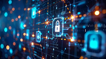 Obraz premium A digital background showcasing innovative technologies in security systems and data protection, highlighting advancements in Internet technologies