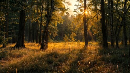 Sunset in the forest. Beautiful summer landscape with sunbeams