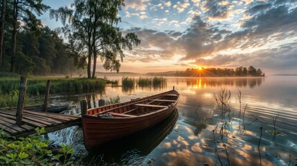 Wooden boat on the lake at sunrise with fog in the background
