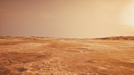 Martian landscape in futuristic Sci-Fi concept. 3D Rendering of alien planet 's desert terrain.