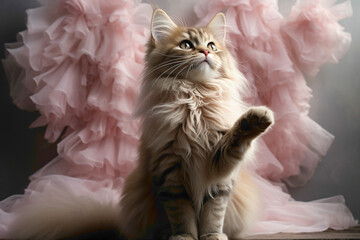 A charming cat in a pink tutu, gracefully stretching its paws while standing on its hind legs...