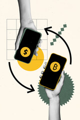 Vertical photo collage of hands hold iphone screen transfer bitcoin dollar exchange trader arrow up...