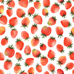 Seamless pattern with hand drawn watercolour strawberries on white background. Fresh delicious fruits wallpaper for textile, wrapping paper