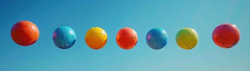 Capture the essence of joy and excitement in a worms-eye view image featuring a lineup of bouncing balls of different sizes floating against a clear blue sky Each ball should have a unique design and 
