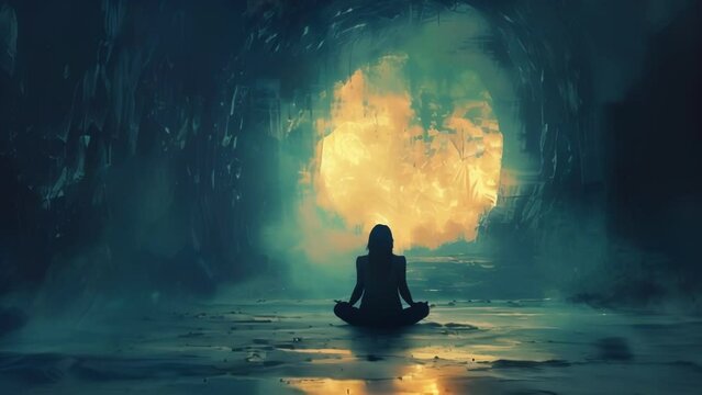 Surrounded by natures silence and the darkness of the cave a person sits in a lotus position their expression serene as they delve into their own mind and soul seeking enlightenment