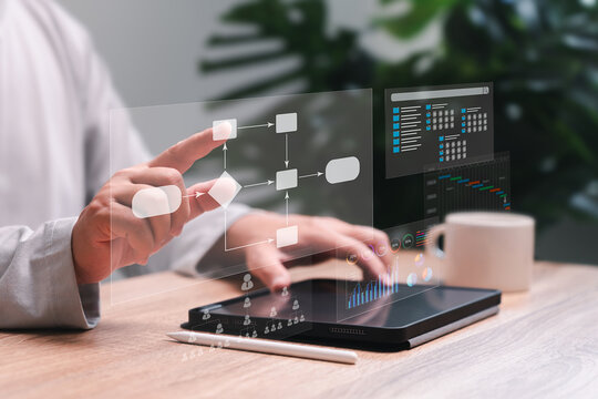 Business and digital marketing plan, Analysis for process and workflow with flowchart concept, A man-use tablet work from home investment management, work plan, HR, Document manage, investment graph