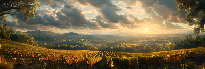The sun breaks through the clouds in this superb,
A painting of a vineyard with a church in the background.
