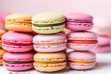 Obraz premium Colorful pink, yellow and green pastel macaroons stacked on top of one another background wallpaper banner desert shop concept pink background