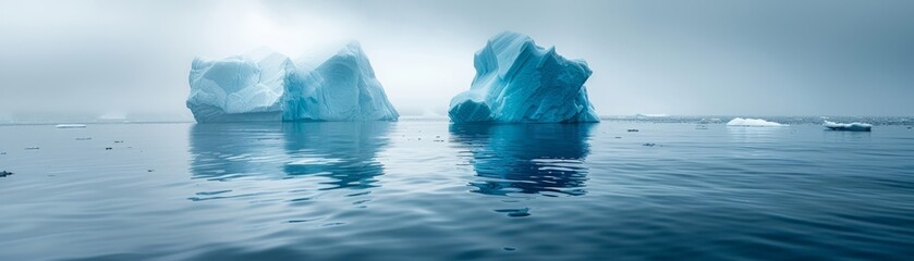 Icy blue glaciers peacefully drifting on the tranquil arctic ocean - obrazy, fototapety, plakaty