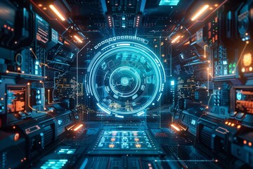 An illustration showcasing a futuristic AI system, featuring detailed blue designs representing the fusion of data and programming in a high-tech setting