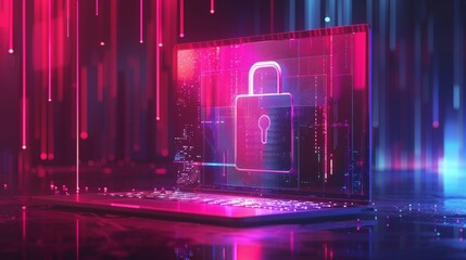 The cybersecurity holographic lock system on the laptop screen is an innovative concept designed to enhance data protection.