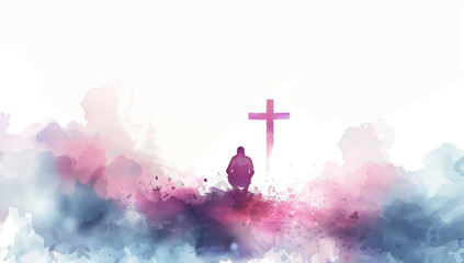 A man kneeling in prayer, with the cross of Jesus behind him, on an empty white background, surrounded by clouds - obrazy, fototapety, plakaty