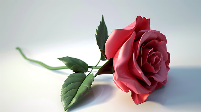 Rendered 3D red rose stem in full bloom, lying on white surface