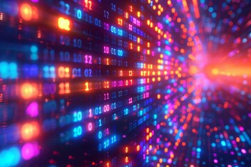 Representation of online security with a digital display featuring binary code flowing across a computer screen illuminated by colorful lights.