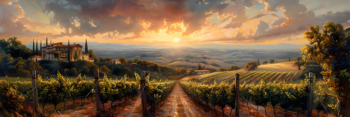 The sun breaks through the clouds in this superb, Vineyards in Tuscany at sunset Italy Europe