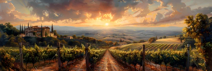 Fotobehang The sun breaks through the clouds in this superb, Vineyards in Tuscany at sunset Italy Europe © sanjaykhan