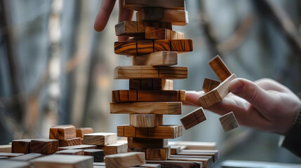 A wooden board game for balance . People play a game of chance in which balance and self-control are important