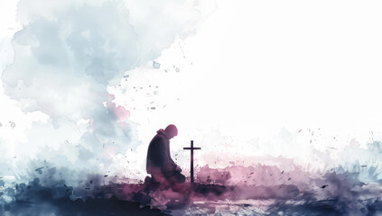 A man kneeling in prayer, with the cross of Jesus behind him, on an empty white background, surrounded by clouds - obrazy, fototapety, plakaty