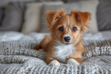 Cute puppy on bed, small, purebred dog, canine, mammal