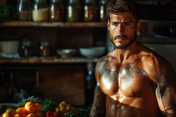 Medium shot of a muscular fit nutritionist in kitchen, personal coach and trainer